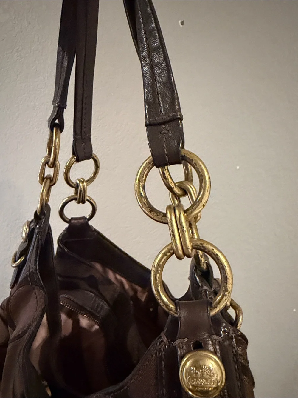Coach Brown Signature Canvas Shoulder Bag with Gold Hardware